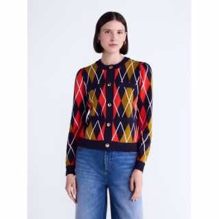 Free Assembly Argyle Cardigan Sweater with Puff Sleeves