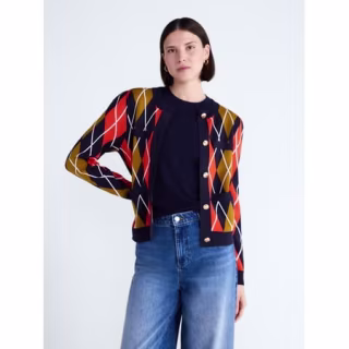 Free Assembly Argyle Cardigan Sweater with Puff Sleeves