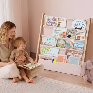 Caveen 4 Tier Wooden Kids Canvas Bookshelf