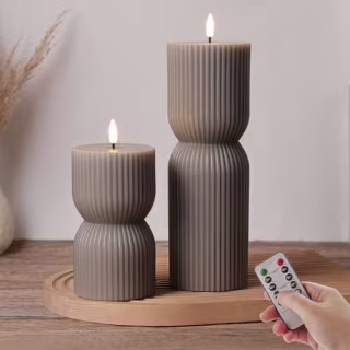 Girimax Taupe Ribbed Flameless Pillar Candles (Set of 2)