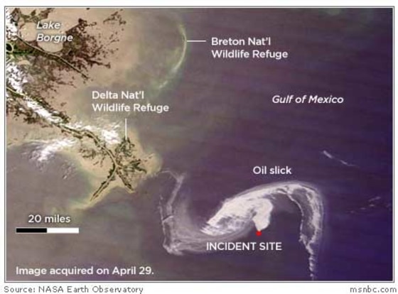This satellite image shows the leak on Thursday. Part of it has since washed up on part of Louisiana's coast.