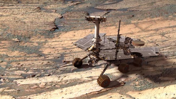 Above, a digital model of the Opportunity rover was added to a real image of the inside of Endurance Crater on Mars taken earlier by Opportunity itself. The size of the six-wheeled robot was scaled to the size of the tracks that the Opportunity rover actually created. Credit: Mars Exploration Rover Mission, Cornell, JPL, NASA