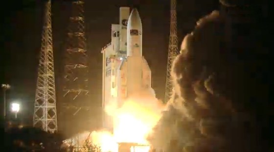 <div>An Ariane 5 rocket fires its engines at the European Space Agency's launch center in French Guiana early Friday, carrying the Edoardo Amaldi ATV-3 cargo craft into space.</div>