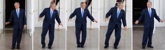 Combo photo shows U.S. President George W. Bush dancing around on the North Portico of the White House in Washington