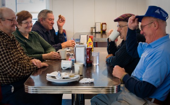 Image: A group of local Chillicothe residents have formed a daily breakfast club at Carls Town House Restaurant. About half the group supports Obama and the other half McCain.