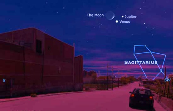 Look to the southwest after sunset on Dec. 1 for a close conjunction between three bright solar system objects: the Moon, Venus, and Jupiter. If you have binoculars, you might even be able to fit all three of them in the field of view. Between now and then, you can see Jupiter and Venus getting closer together each evening.