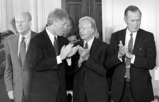 Image: US Presidents Gerald Ford, Bill Clinton, Jimmy Carter and George H.W. Bush