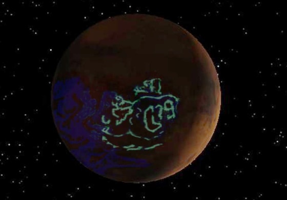 An artist's impression traces the weak auroral displays on Mars, which have been detected in ultraviolet light but are invisible to the naked eye.