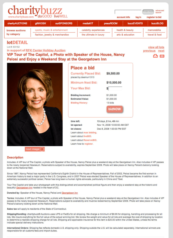 Image: Web page on charitybuzz.com