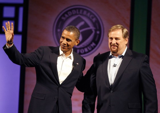 Barack Obama, left, joins Pastor Rick Warren