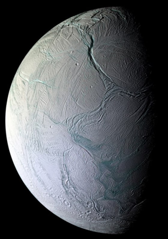 This image of the surface of Enceladus reveals the moon's surface as replete with fractures, folds and ridges — all hallmarks of remarkable tectonic activity for a relatively small world. 