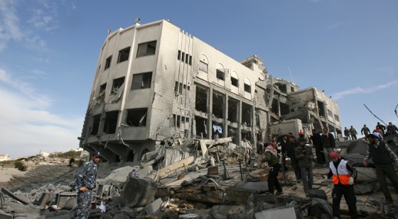 Image: Destroyed former office of Palestinian president Mahmud Abbas following an Israeli air strike in Gaza City