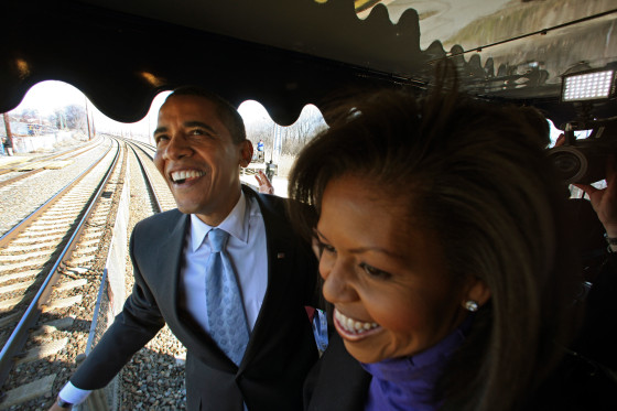 U.S. President-elect Barack Obama and his wife Michelle is pictured enroute Claymont on his whistle stop train trip to Washington, DC