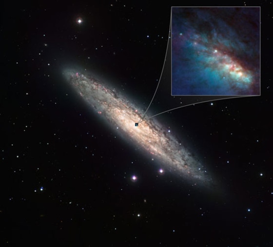 NGC 253 (the Sculptor Galaxy) is shown here with an insert that shows a close-up of the central parts as observed with the NACO instrument on ESO's Very Large Telescope and the ACS on the NASA/ESA Hubble Space Telescope. Credit: ESO