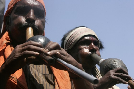 Image: Snake charmers play their flutes