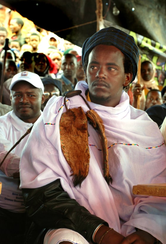 Guyyoo Gobbaa is surrounded Tuesday by people shortly after he was crowned the 70th king of the cattle-herding Borena people in Ethiopia.