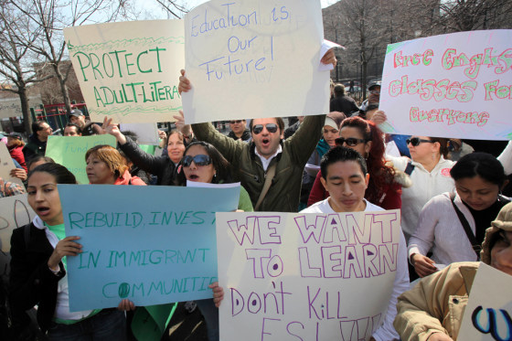 Immigrants and their supporters demonstrate during a march 18 rally to protest New York city cuts to programs that teach English as a second language