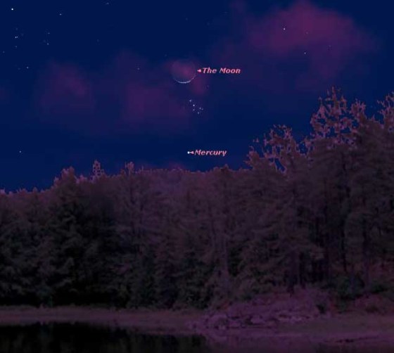 Mercury is never far from the horizon during hours of darkness, and trees or a tall building can easily obstruct your view of it. Here it is seen at about 7:45 p.m. local time from mid-northern latitudes on April 26, when it will hang below a beautiful crescent moon. Between the moon and Mercury, look for the Pleiades Star Cluster. Credit: Starry Night Software