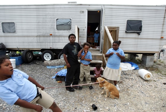 Image: Children gather in the FEMA Diamond travel trailer park