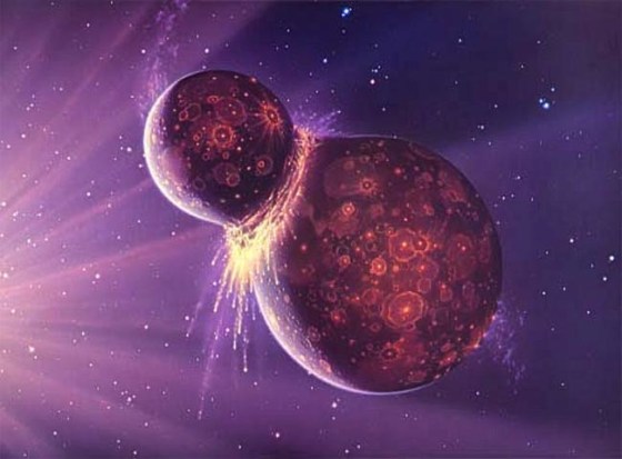 Artist's conception of the hypothetical impact of Theia and young Earth. Credit: NASA/GSFC