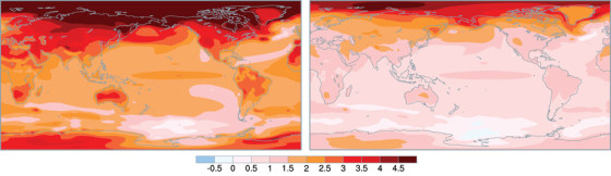 Unchecked emissions of greenhouse gases would create a much warmer world, according to a new computer analysis showing average surface temperature projections for the end of the century (left). The map at right projects temperature changes if emissions are cut by 70 percent. The numbers on the bar show changes in Celsius compared with today's average temperatures.