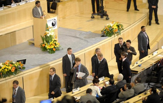 Image: European Union delegates leave the assembly room during the speech of Iranian President Mahmoud Ahmadinejad