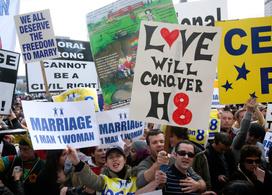 Image: People with opposing viewpoints on Proposition 8 demonstrate outside California Supreme Court in San Francisco