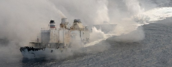 The Gen. Hoyt S. Vandenberg disappears beneath the surface of the ocean after cutting charges were detonated Wednesday, seven miles off Key West, Fla. The 523-foot-long ship, a World War II-era relic, was sunk to create an artificial reef to attract recreational divers and anglers.