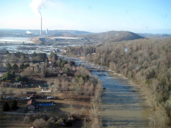 This Jan. 12 photo shows the massive ash spill at the Kingston Fossil Plant in Kingston, Tenn., in Dec. 22, 2008. The spill from the 60-foot-high ash pile sent 1.1 billion gallons of ash and sludge into river inlets and a rural neighborhood.