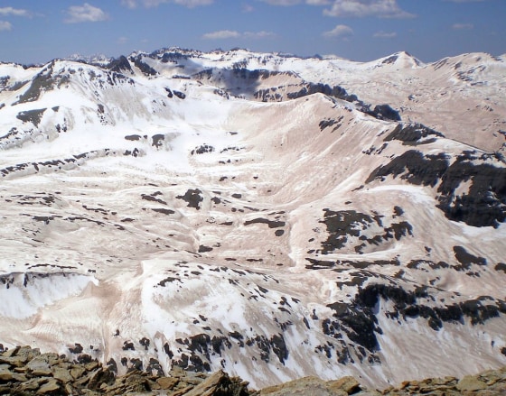 Desert dust from the Colorado Plateau covers much of this area in the Rocky Mountains.