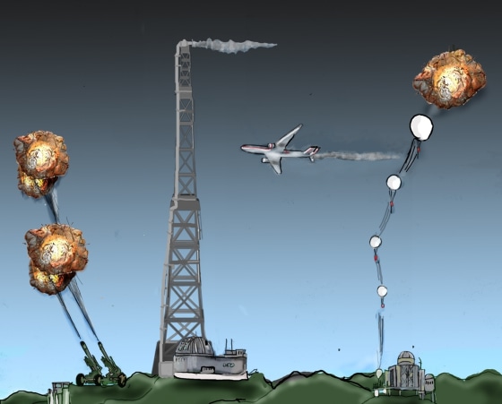 A new study describes pros and cons of cooling Earth via a thin cloud of aerosols. Techniques cited to do that are, from left, artillery cannons, a miles-long tower, military aircraft and stratospheric balloons.