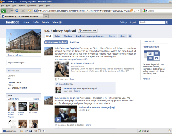 The U.S. Embassy in Baghdad's Facebook page had over 800 fans as of Thursday.