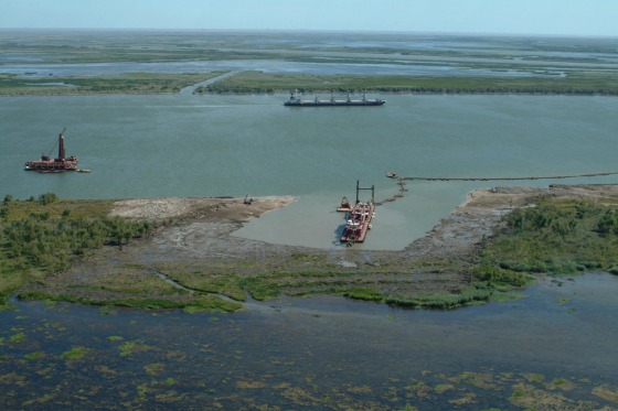 Work on the West Bay Sediment Diversion project aimed to divert part of the Mississippi River in an effort to protect and rebuild coastal land.