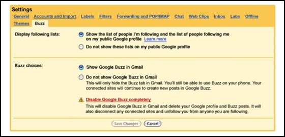 Image: Google Buzz settings