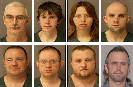 Suspected in a conspiracy to attack police officers are, from left to right, top row: David Stone, Sr.; David Stone, Jr.; Tina Stone and Jacob Ward. Left to right, bottom row: Michael Meeks; Joshua Clough; Kristopher Sickles and Thomas Piatek.