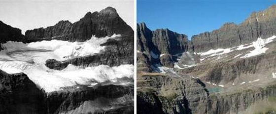 These photos show how Glacier National Park's Shepard Glacier had changed over 92 years, as seen from Pyramid Peak. The left picture was taken in 1913, and the right in 2005. This year the U.S. Geological Survey found it no longer classifies as a glacier.