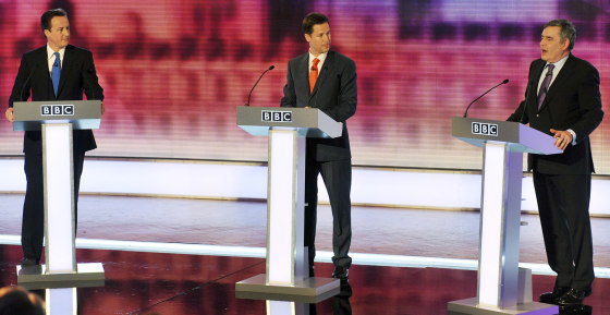 Image: Britain's Conservative Party leader Cameron, Liberal Democrat leader Clegg and PM Brown take part in the third and final televised party leaders' debate in Birmingham