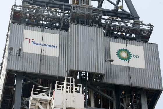 Image: The logos of Transocean and BP Plc are seen on the derrick of the Development Driller III in the Gulf of Mexico