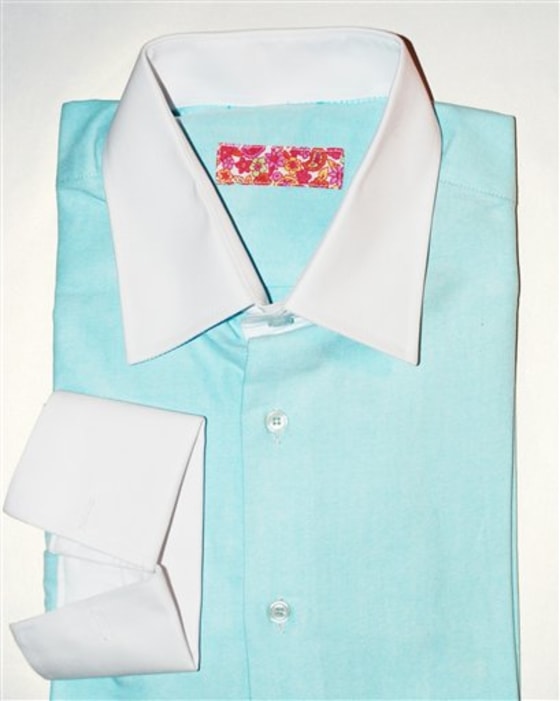 If you actually want an aqua shirt with a white collar, you can customize one at Blank Label. The company lets shoppers specify details including fabric, pocket, cuff and collar styles.