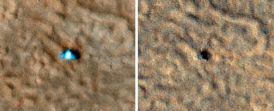 Two images from NASA's Mars Reconnaissance Orbiter show the Phoenix Mars Lander. The left photo, from 2008, shows two bluish shots on either side corresponding to the probe's solar panels. The right photo, from 2010, shows a dark shadow that could mark the lander body and eastern solar panel. However, the image appears to lack a shadow from the western solar panel.