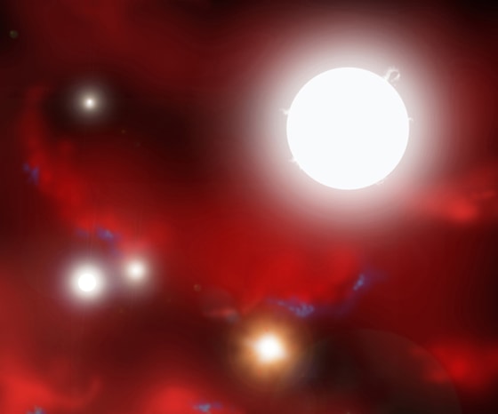 The first primordial stars began as tiny seeds that grew rapidly into stars one hundred times the mass of our own Sun. Seen here in this artist impression, swirling clouds of hydrogen and helium gasses are illuminated by the first starlight to shine in the universe. 