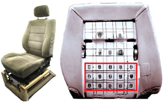 Each black square is a cell phone motor, embedded in the seat, that vibrates to alert the driver of passing cars.