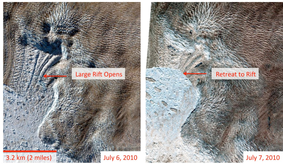 These satellite images show before and after views of the calving on Greenland's largest glacier in July 2010.