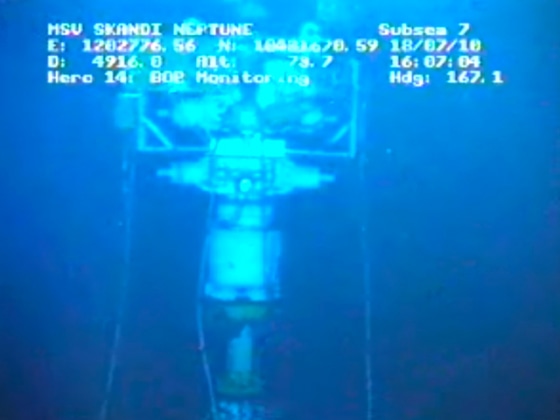 Image: The new containment capping stack is pictured in this image captured from a BP live video feed from the Gulf of Mexico