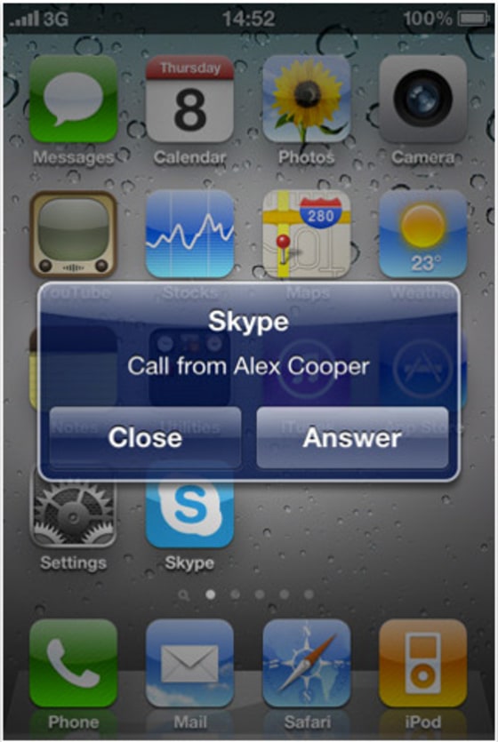 Image: iPhone screen shot with Skype pop-up incoming-call alert