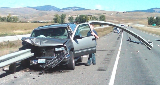 This driver was lucky. He fell asleep and drifted off the road on Sept. 2 on I-90 near Deer Lodge, Mont. The guardrail impaled his Chevy Suburban, passing through the engine block, the passenger seat and the back window. The NTSB has issued 34 safety recommendations to deal with fatigue on the nation’s roads. Only 17 have been followed.