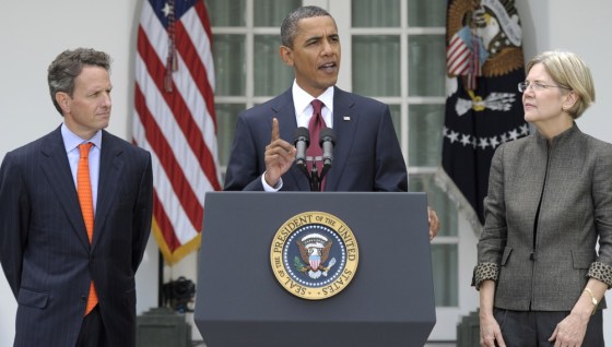 Image: Barack Obama, Elizabeth Warren, Timothy Geithner