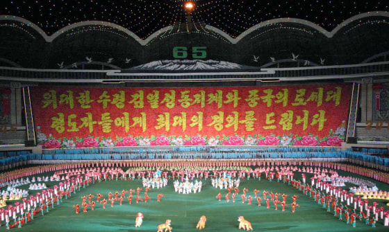 Image: North Koreans perform Arirang Mass Games' chapter 5, named \"Goodwill Arirang\" in Pyongyang in this photo released by North Korea