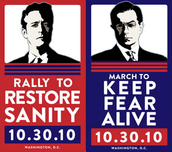 Posters of Jon Stewart, left, and Stephen Colbert — the two Comedy Central personalities behind Saturday's rally in Washington, D.C.