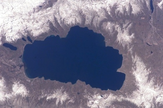 This satellite image shows Lake Tahoe, located between California and Nevada, and one of the fastest warming lakes, according to a new NASA study.